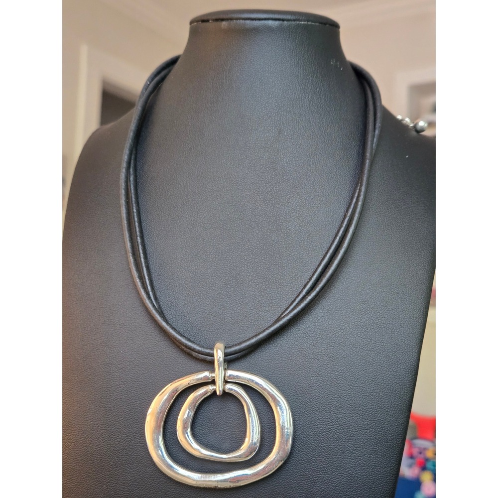 Chico's Silvertone Pendant Leather Cord Vintage